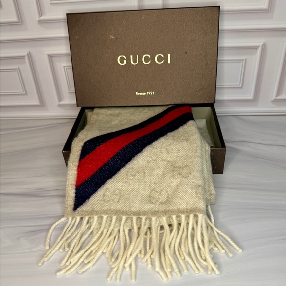 Gucci GG Monogram Wool Scarf w/ Web Stripe | Like New - Picture 2 of 6